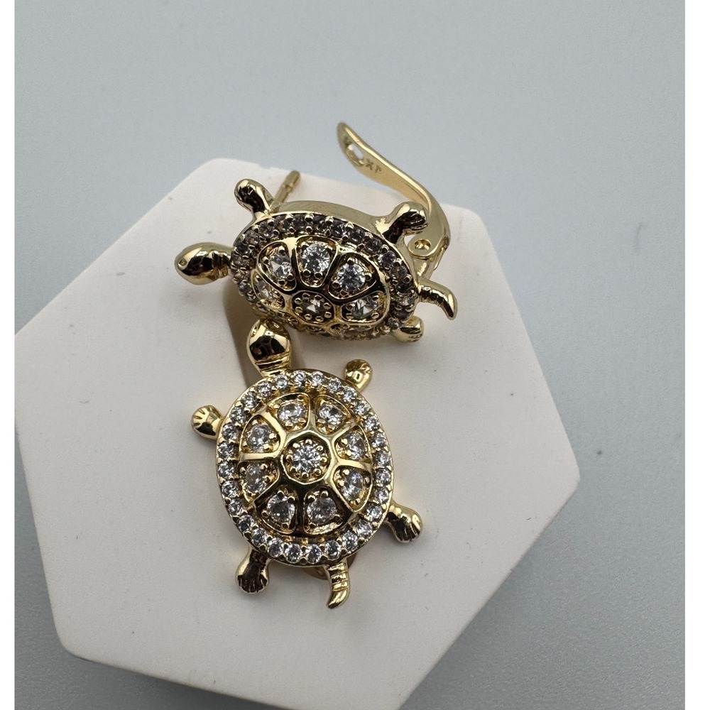 Gold Plated Turtle Earrings Cubic Zirconia Crystal Sea Life Lever Back Huggies
